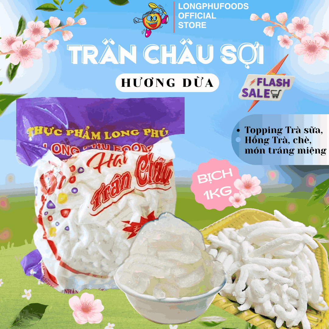 Trân châu Sợi Hương DỪA TRẮNG Đặc Biệt Long Phú gói 1kg - Size Sợi Trung - Không có vị ngọt