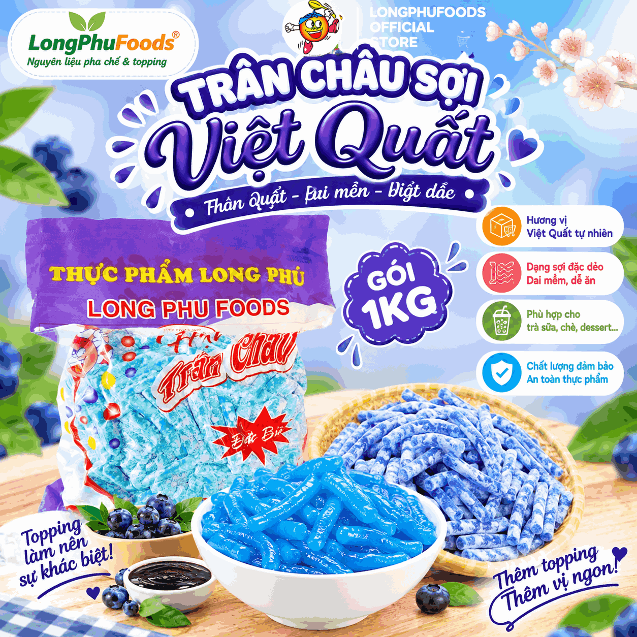 Trân châu Sợi Đặc Biệt Long Phú gói 1kg - Size Sợi Trung - Không có vị ngọt
