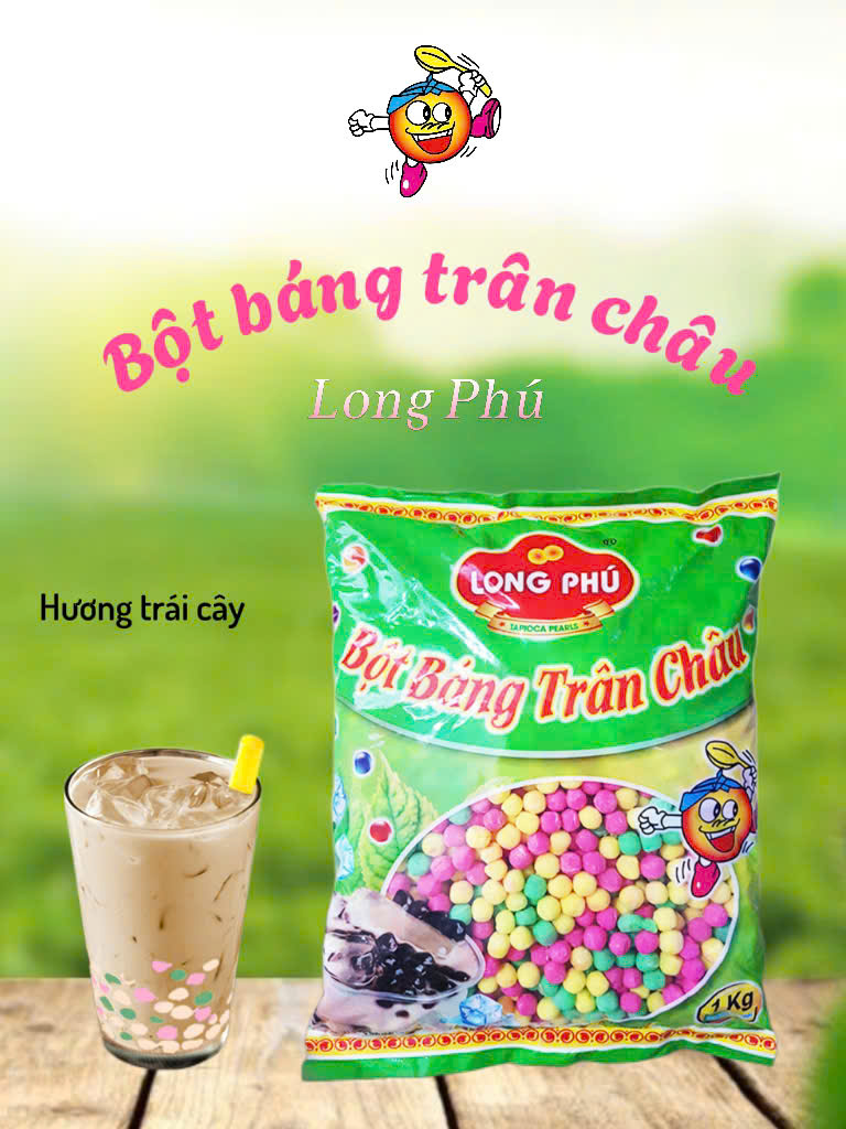 Bột Báng Trân châu Hương TRÁI CÂY MIX 3 VỊ Đặc Biệt Long Phú gói 1kg - Size Trung Truyền thống - Không có vị ngọt