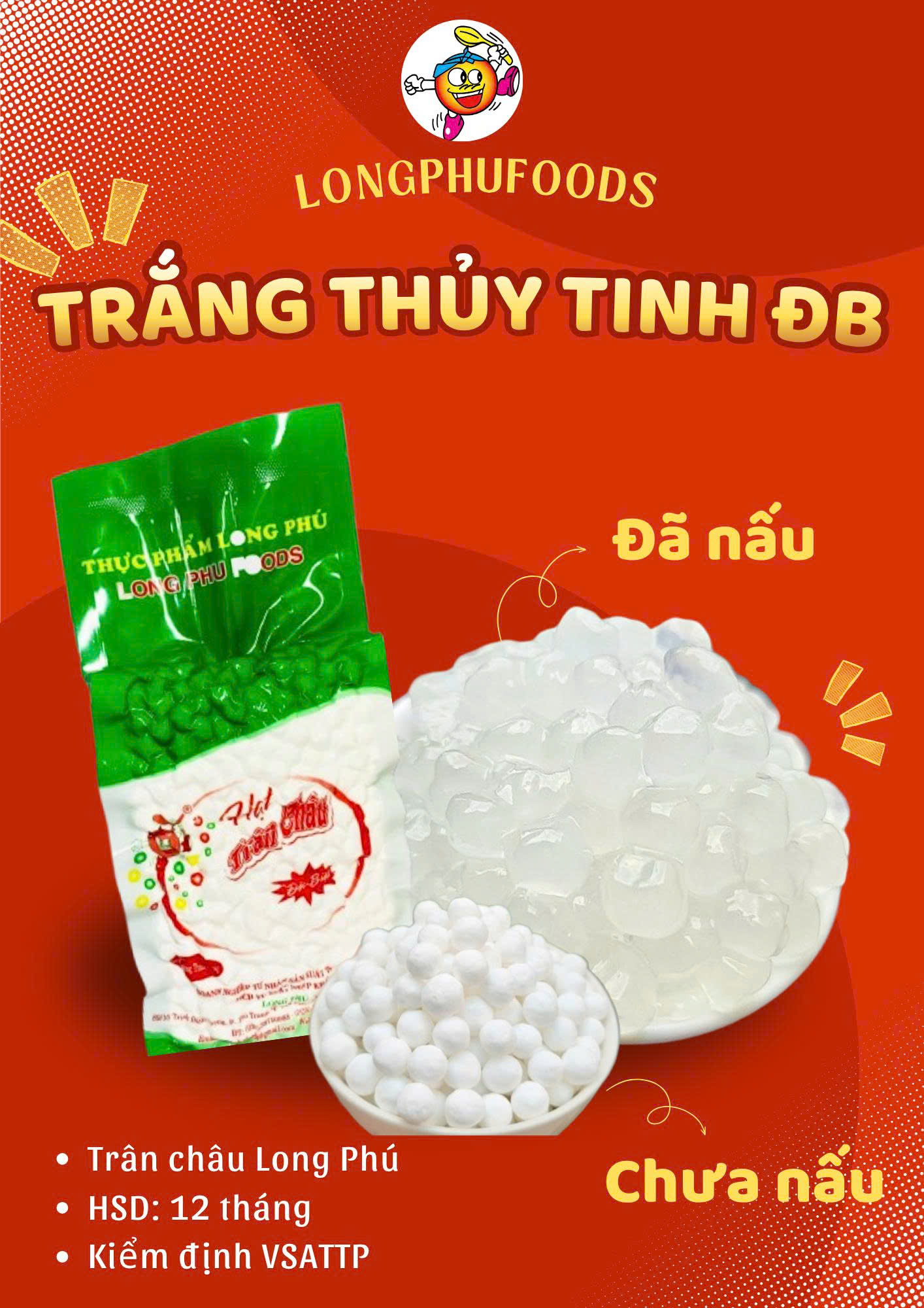 Trân châu TRẮNG THỦY TINH Đặc Biệt Long Phú gói 1kg - Size Trung Truyền thống - Không có vị ngọt