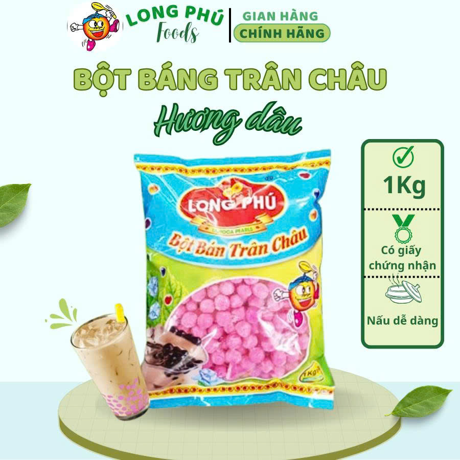 Bột Báng Trân châu Hương DÂU TÂY Đặc Biệt Long Phú gói 1kg - Size Hạt TO - Không có vị ngọt