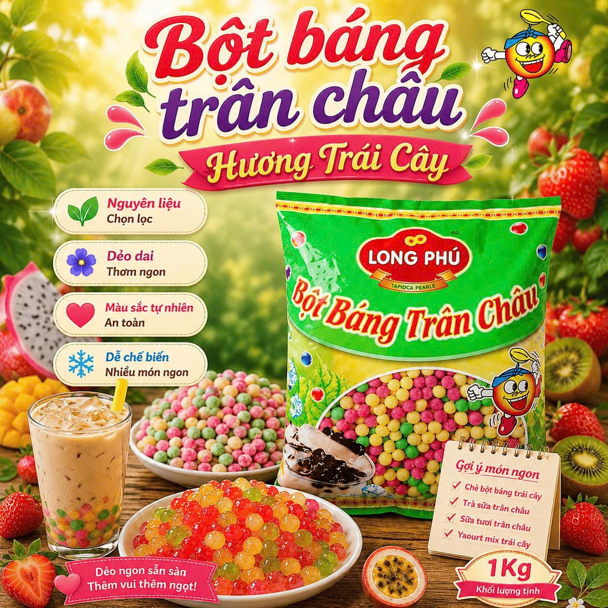 Bột Báng Trân châu Hương TRÁI CÂY MIX 3 VỊ Đặc Biệt Long Phú gói 1kg - Size Trung Truyền thống - Không có vị ngọt