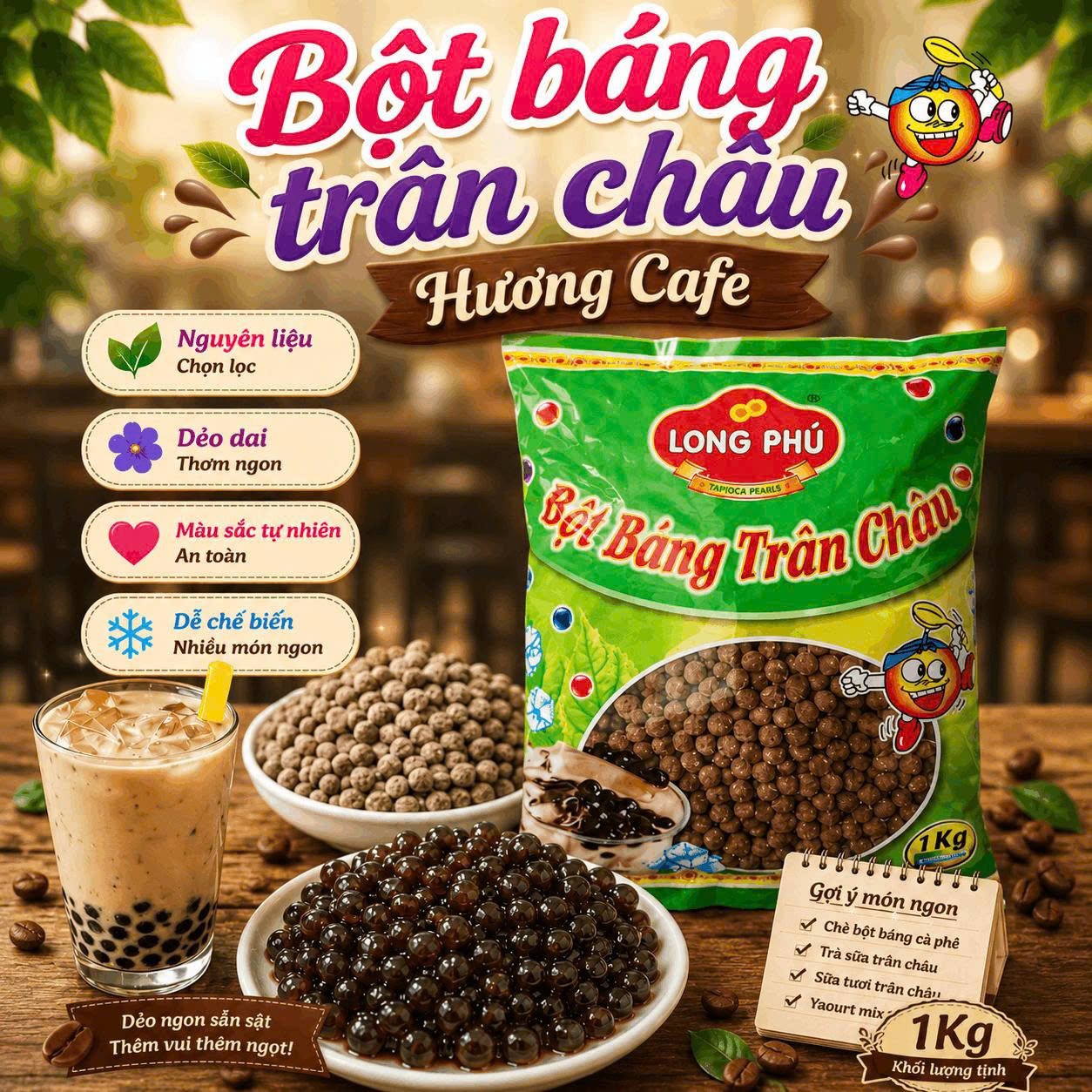Bột Báng Trân châu Hương CAFE Đặc Biệt Long Phú gói 1kg - Size Trung Truyền thống - Không có vị ngọt