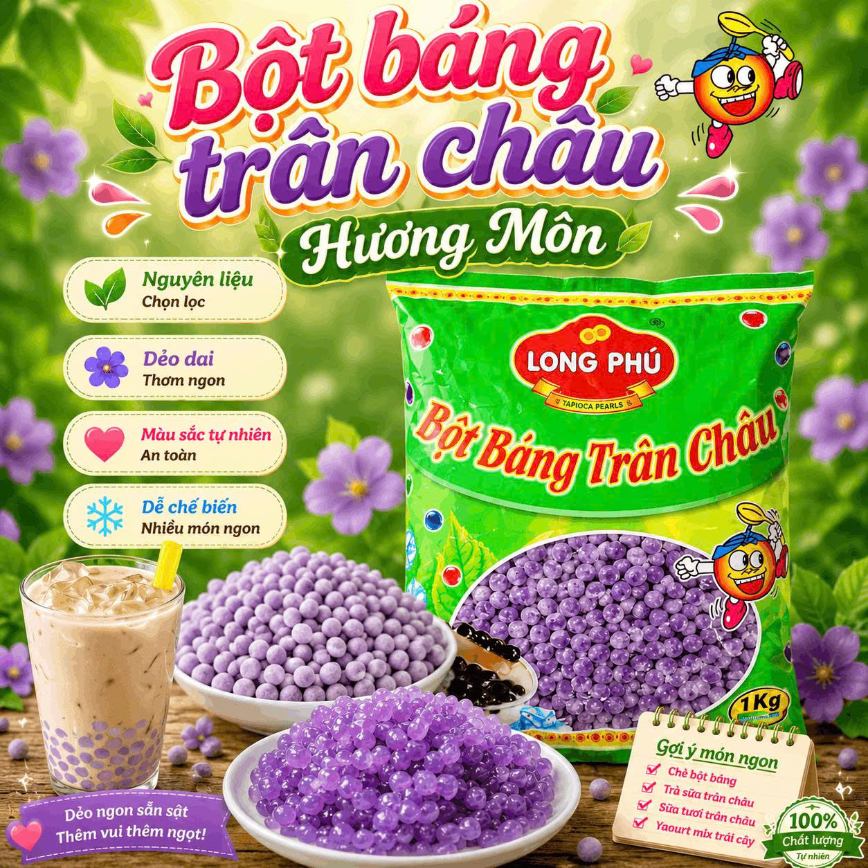 Bột Báng Trân châu KHOAI MÔN Đặc Biệt Long Phú gói 1kg - Size Trung Truyền thống - Không có vị ngọt