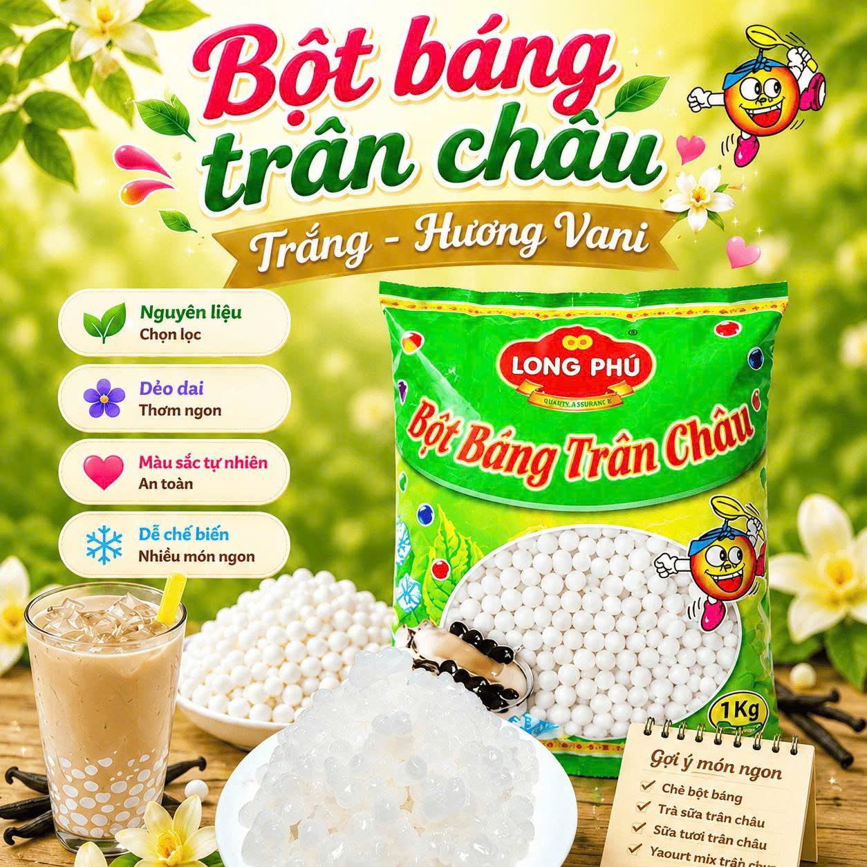 Bột Báng Trân châu TRẮNG Truyền Thống Hương VANI Đặc Biệt Long Phú gói 1kg - Size Trung Truyền thống - Không có vị ngọt