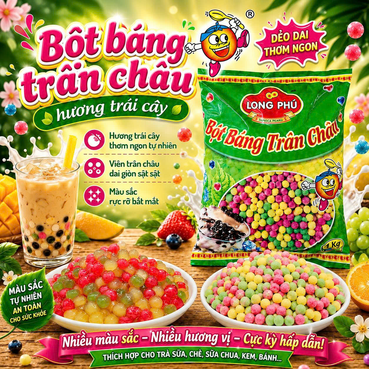 Bột Báng Trân châu Hương TRÁI CÂY MIX 3 VỊ Đặc Biệt Long Phú gói 1kg - Size Trung Truyền thống - Không có vị ngọt