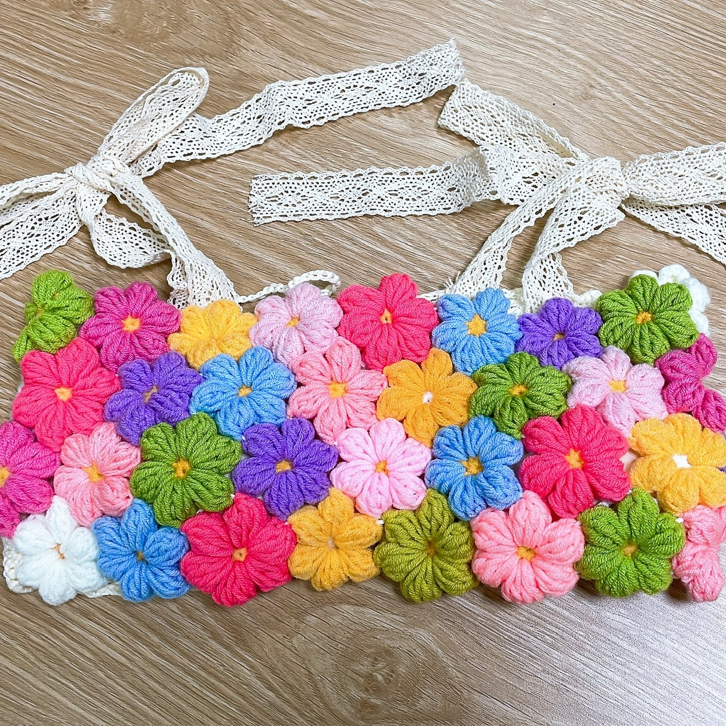 Áo hoa len handmade móc thủ công hoa len ghép nhiều màu freesize