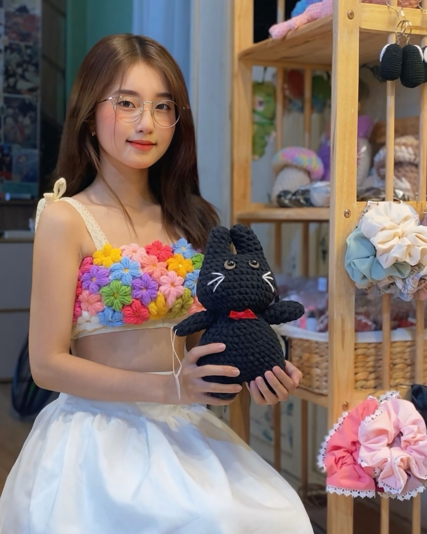 Áo hoa len handmade móc thủ công hoa len ghép nhiều màu freesize