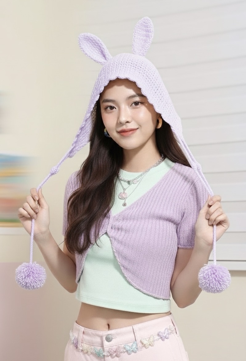 Mũ Len Móc Thủ Công Màu Beige Phong Cách Y2K