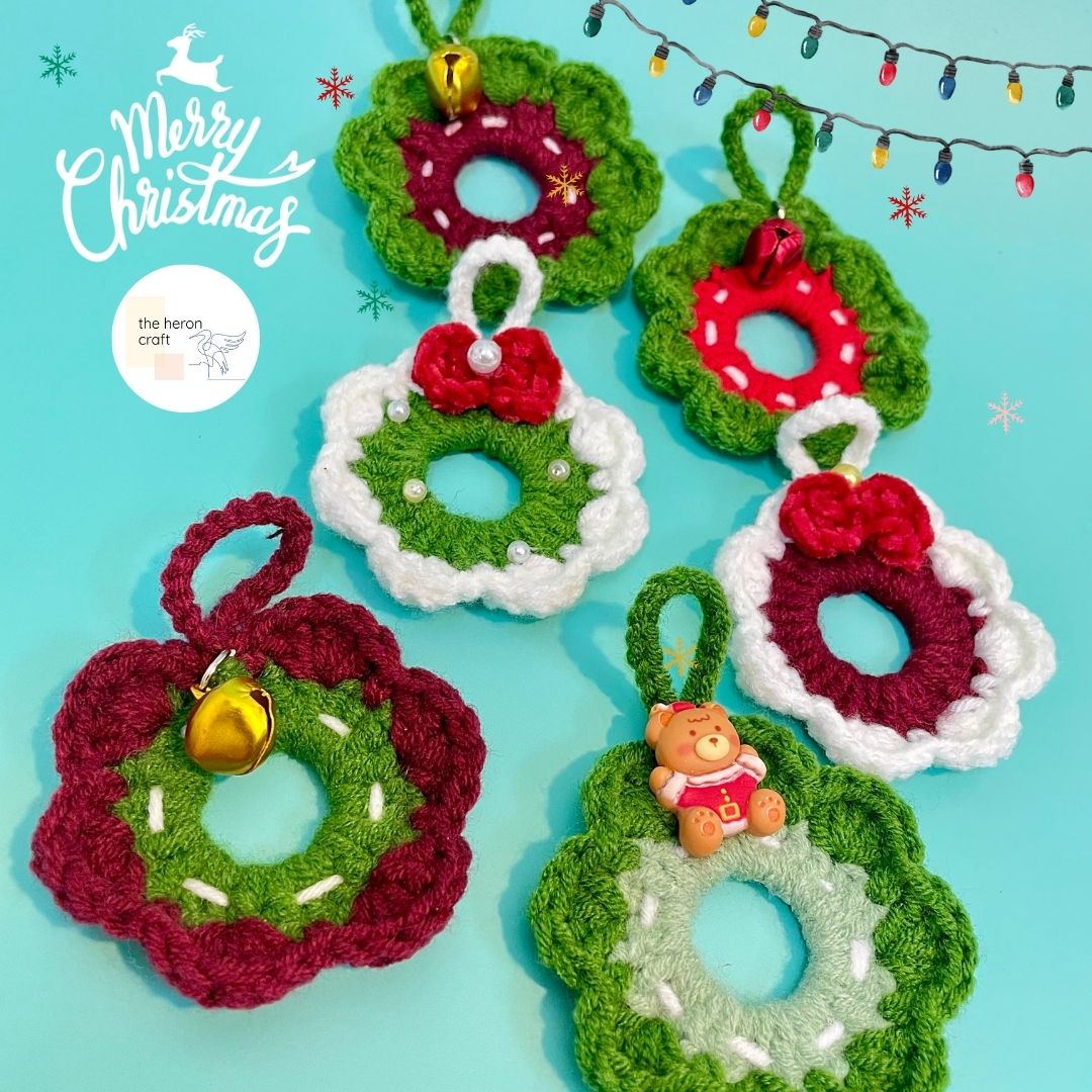 Set 6 Vòng nguyệt quế bằng len vòng treo noel handmade