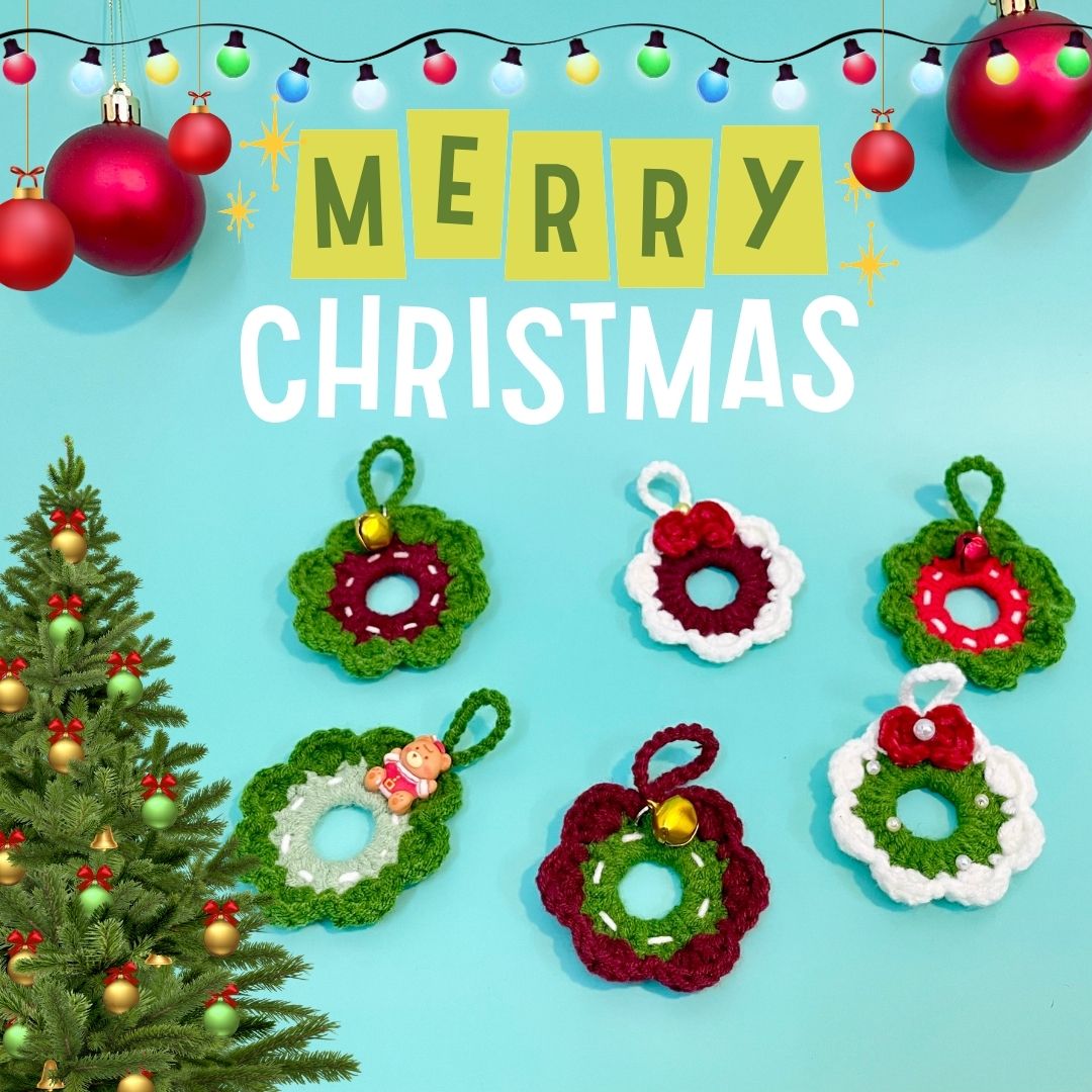 Set 6 Vòng nguyệt quế bằng len vòng treo noel handmade