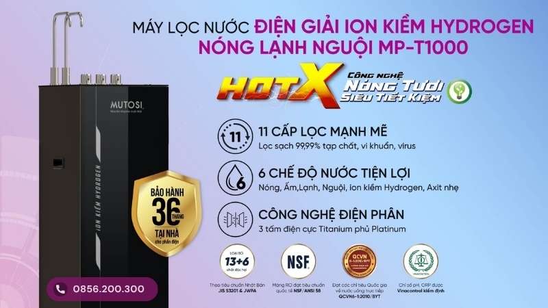Máy lọc nước điện giải ion kiềm Hydrogen nóng-lạnh-nguội MP-T1000