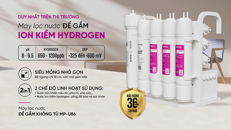 Máy lọc nước để gầm Mutosi MP-U86 là máy lọc nước để gầm duy nhất trên thị trường có 2 chế độ nước: RO - Hydrogen ion kiềm