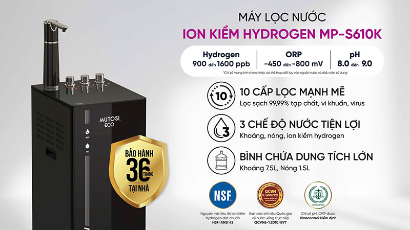 Máy lọc nước Hydrogen ion kiềm 3 chế độ Mutosi MP-S610K