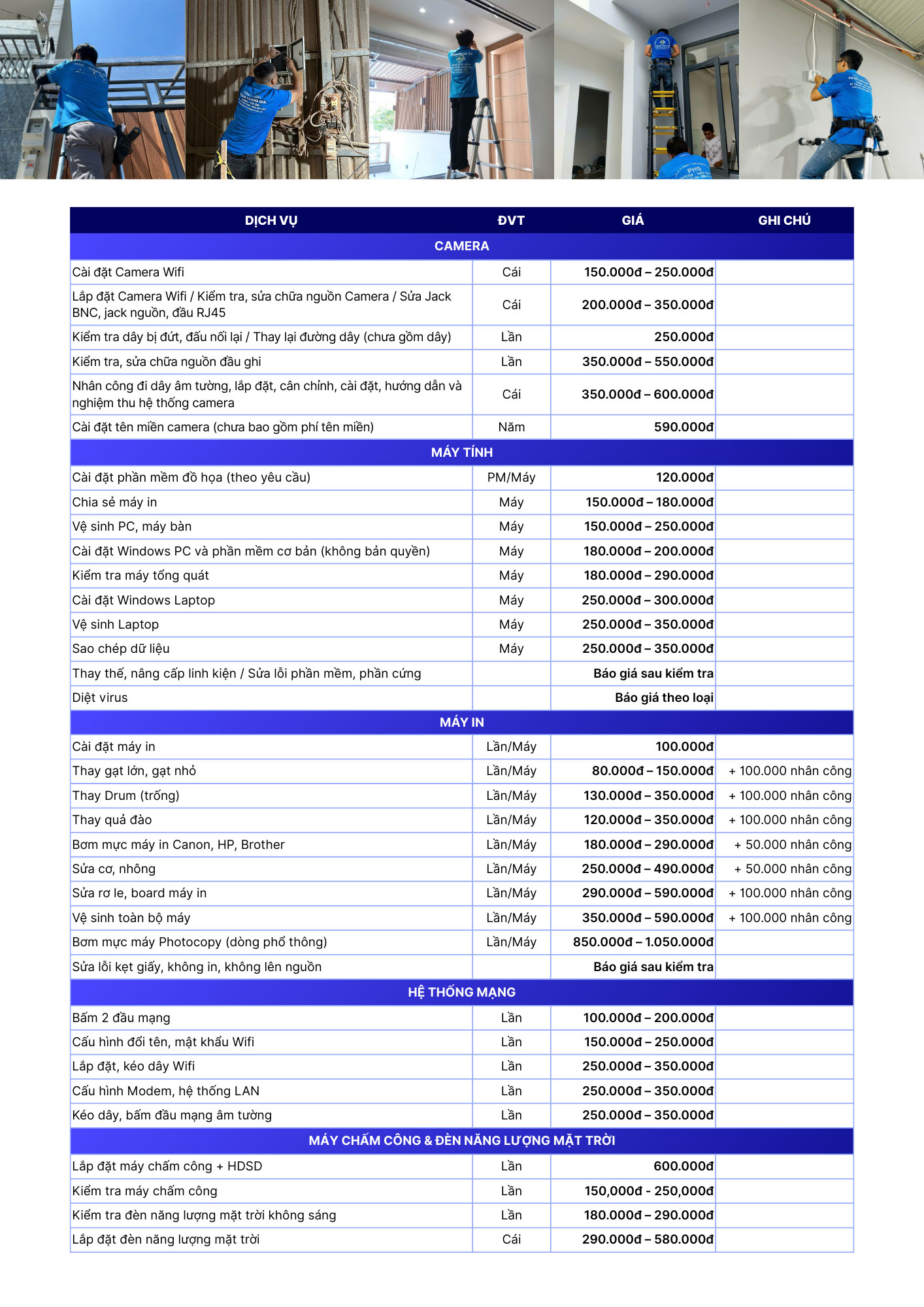 Bảng giá dịch vụ Phạm Hoàng Gia: camera, máy tính, máy in, hệ thống mạng, đèn năng lượng mặt trời, máy chấm công