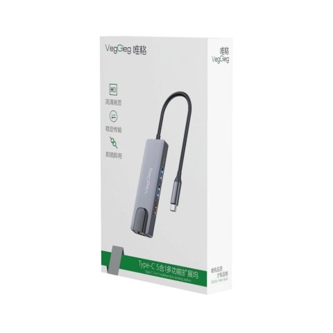Bộ Chuyển Đổi VegGieg V-TC05R USB Type C Ra HDMI+2 USB 3.0+Cổng Sạc PD+Cổng Mạng RJ45