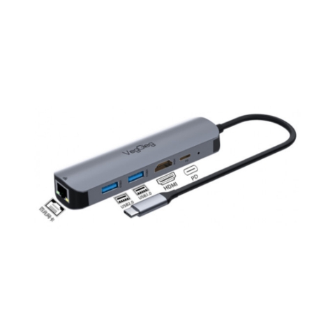 Bộ Chuyển Đổi VegGieg V-TC05R USB Type C Ra HDMI+2 USB 3.0+Cổng Sạc PD+Cổng Mạng RJ45