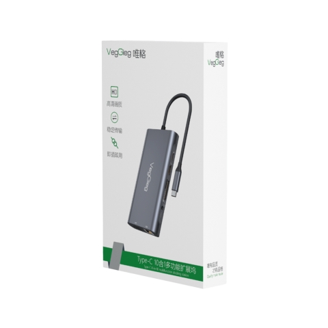 Bộ Chuyển Đổi VegGieg V-TC10R Type C Ra HDMI+3 USB3.0+Cổng Sạc PD100W+Typec2.0+Đọc Thẻ Nhớ SD/TF+Cổng Mạng RJ45