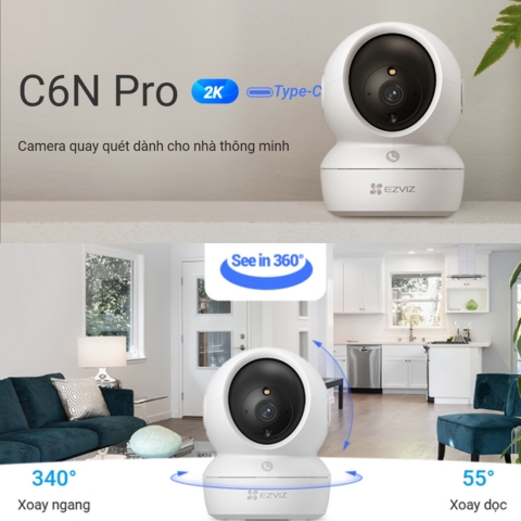 Camera Wifi 3MP EZVIZ H6c Pro 2K Quay Quét Trong Nhà Có Màu Đêm
