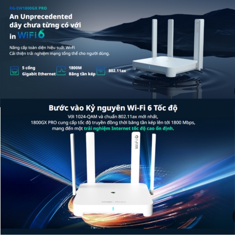 Router Wifi 6 Ruijie RG-EW1800GX Pro Chuẩn AX 1800Mbps Băng Tần Kép