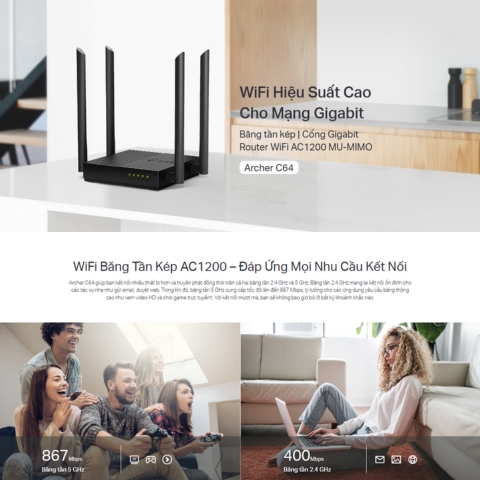 Router Wifi Archer C64 AC1200 Gigabit MU-MIMO Băng Tần Kép