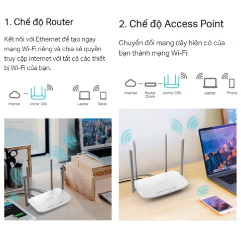 Router Wifi TP-Link Archer C50 Wireless AC1200Mbps Băng Tần Kép AC1200