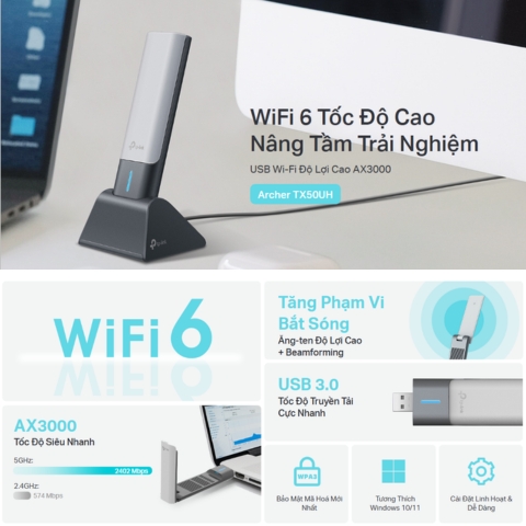 USB Wifi 6 TP-Link AX3000 Archer TX50UH Độ Lợi Cao Băng Tần Kép