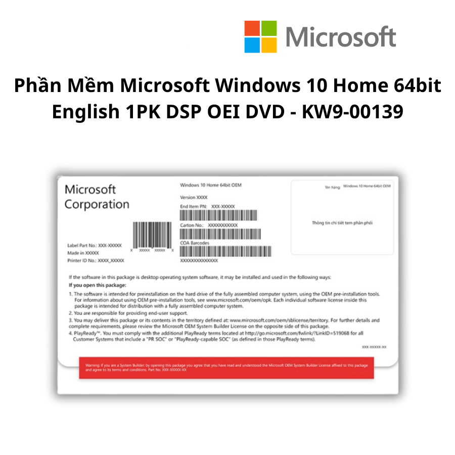 Phần Mềm Microsoft Windows 10 Home 64bit English 1PK DSP OEI DVD – KW9-00139