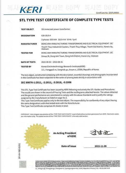 Chứng nhận tiêu chuẩn chất lượng quốc tế STL do công ty Keri nước Hàn Quốc cấp