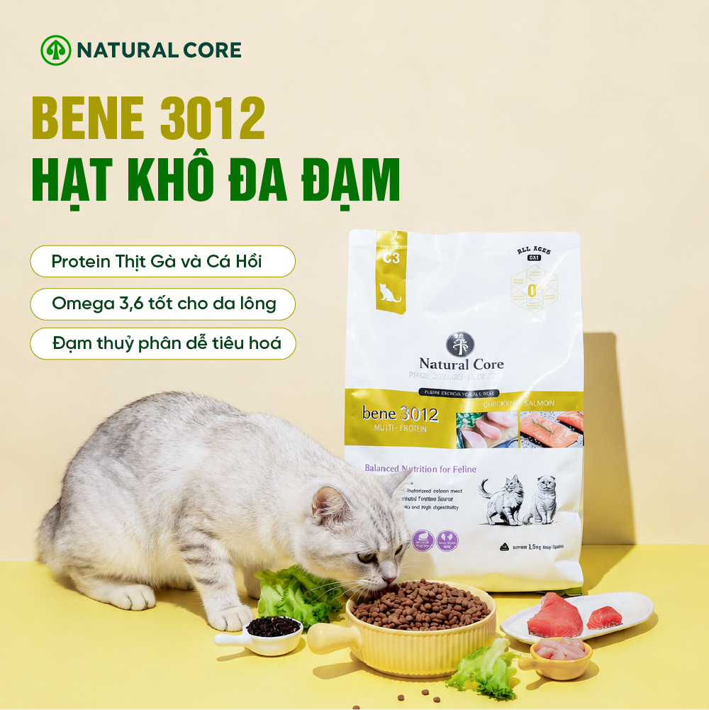 Thức ăn cho mèo Thịt gà & Cá hồi Bene 3012