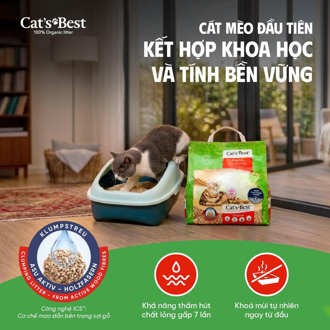 Cát vệ sinh hữu cơ vón cục khử mùi và vi trùng Cat's Best Original