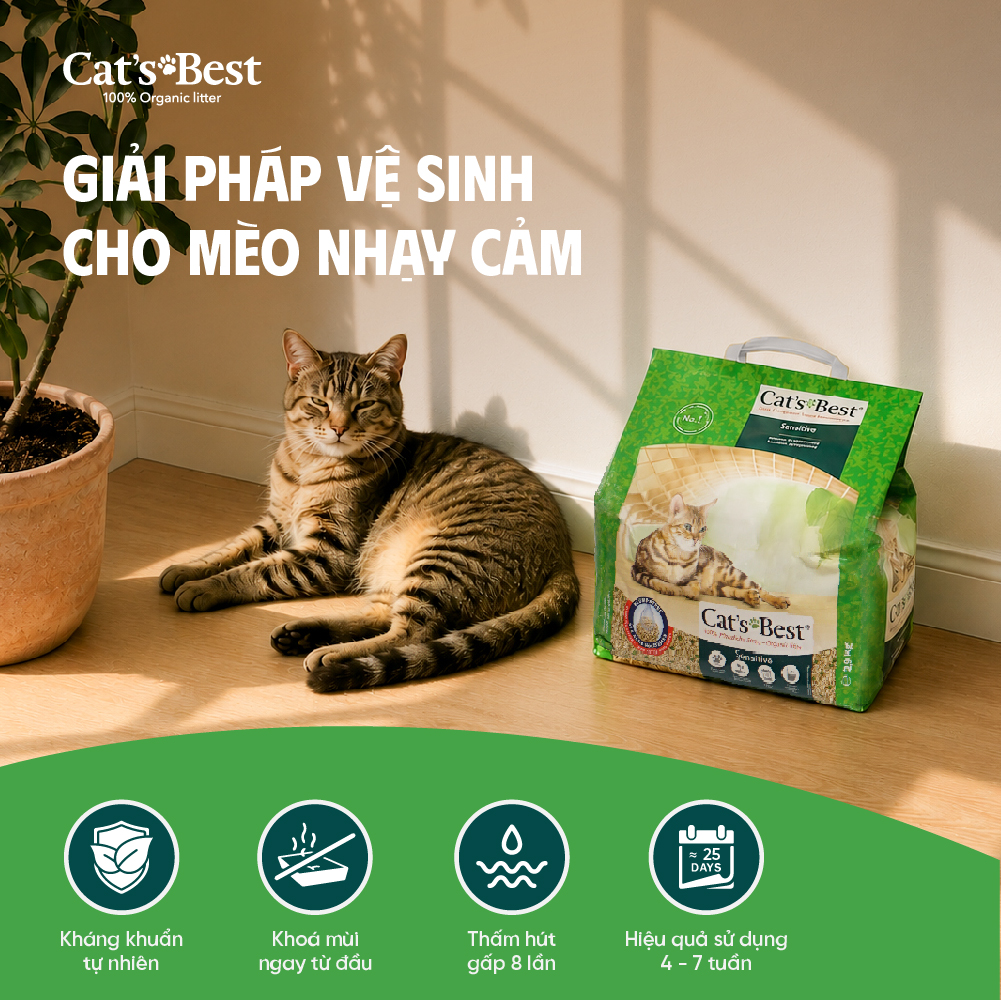 Cát vệ sinh hữu cơ vón cục siêu thấm hút và kháng khuẩn Cat's Best Sensitive