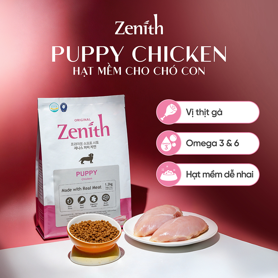 Thức ăn hạt mềm Zenith thịt gà chó con