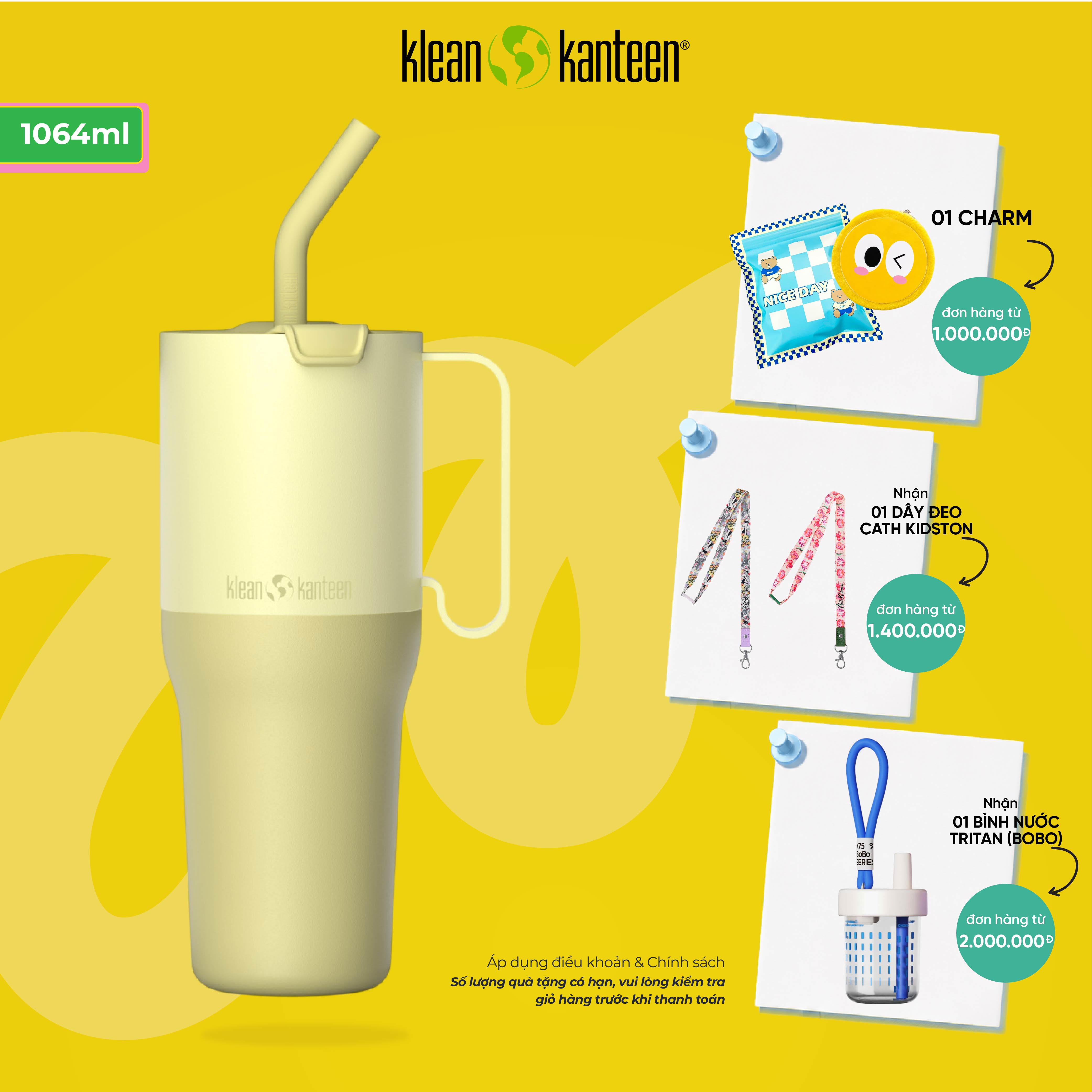 Ly Giữ Nhiệt Dung Tích Lớn Klean Kanteen Rise Tumbler 36oz 1064ml Nắp Ống Hút Flip Straw Lid, Inox 18/8 Chính Hãng