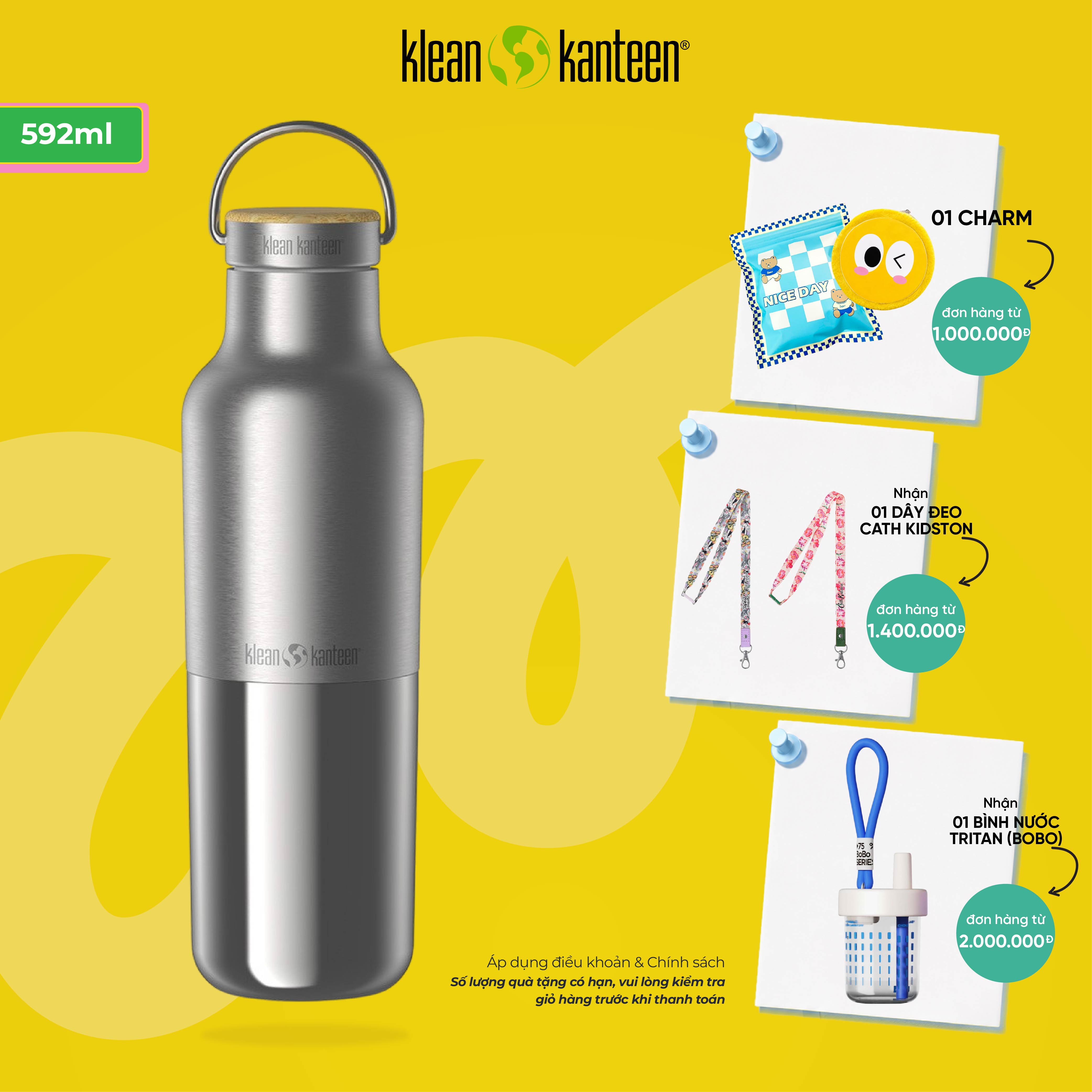 Bình Giữ Nhiệt Klean Kanteen Rise Reflect 20oz 592ml Nắp Tre Bamboo Cap Màu inox Brushed Stainless, Inox 18/8 Chính Hãng
