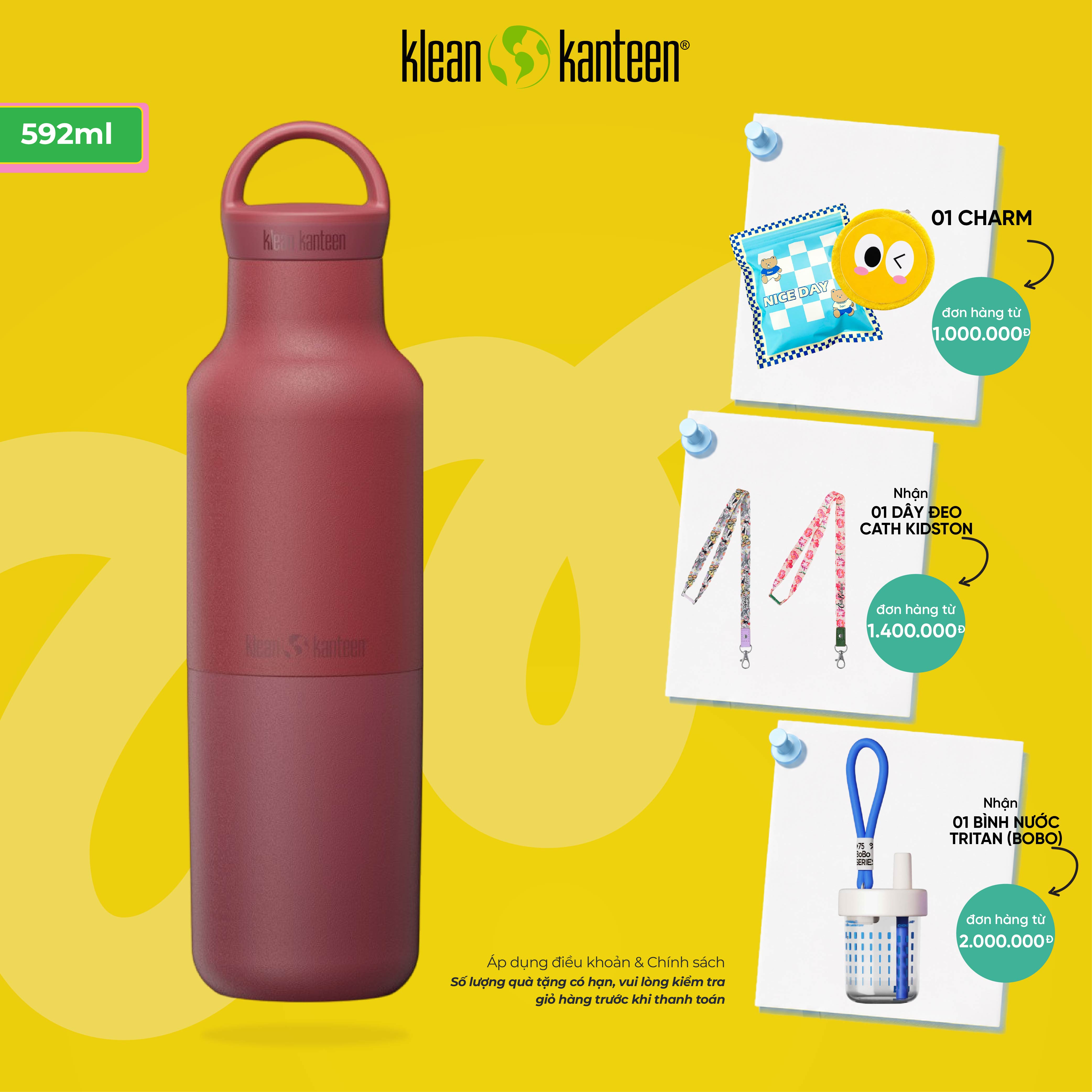 Bình Giữ Nhiệt Klean Kanteen Rise Classic 20oz 592ml Nắp Quai Arch Loop Cap, Inox 18/8 Chính Hãng