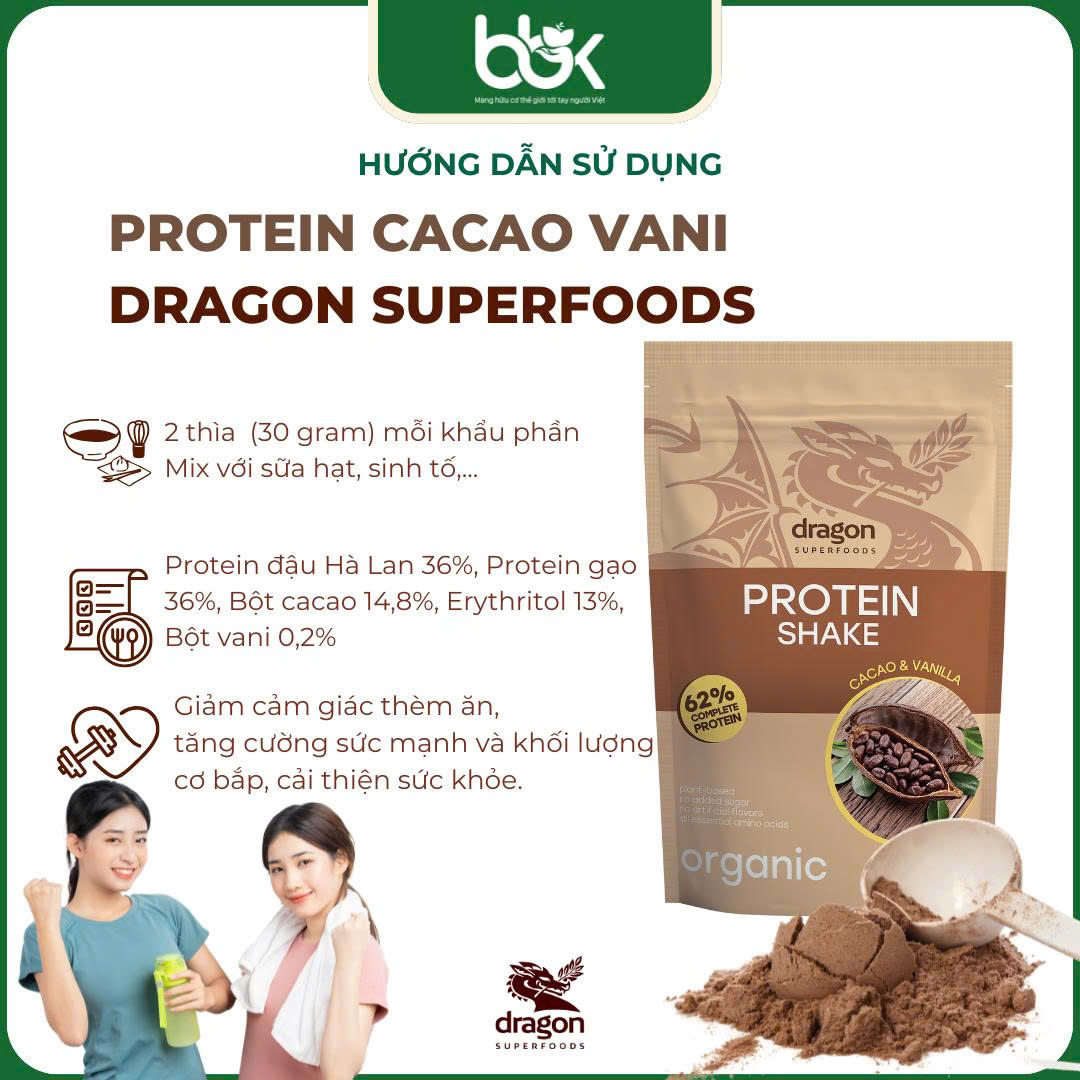 Bột protein lắc vị cacao vani hữu cơ Dragon Superfoods 500g