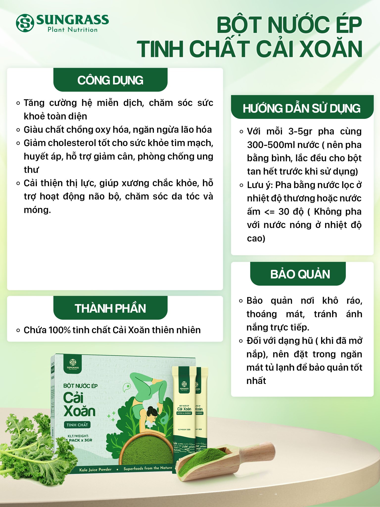 Bột nước ép Cải xoăn Sungrass - Hộp 15 gói