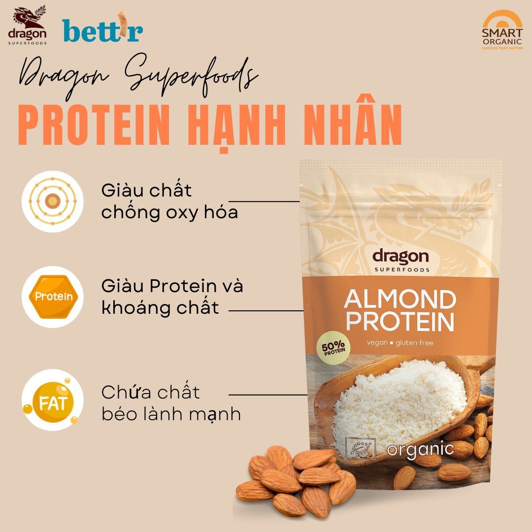 Bột protein hạnh nhân hữu cơ Dragon Superfoods 200gr