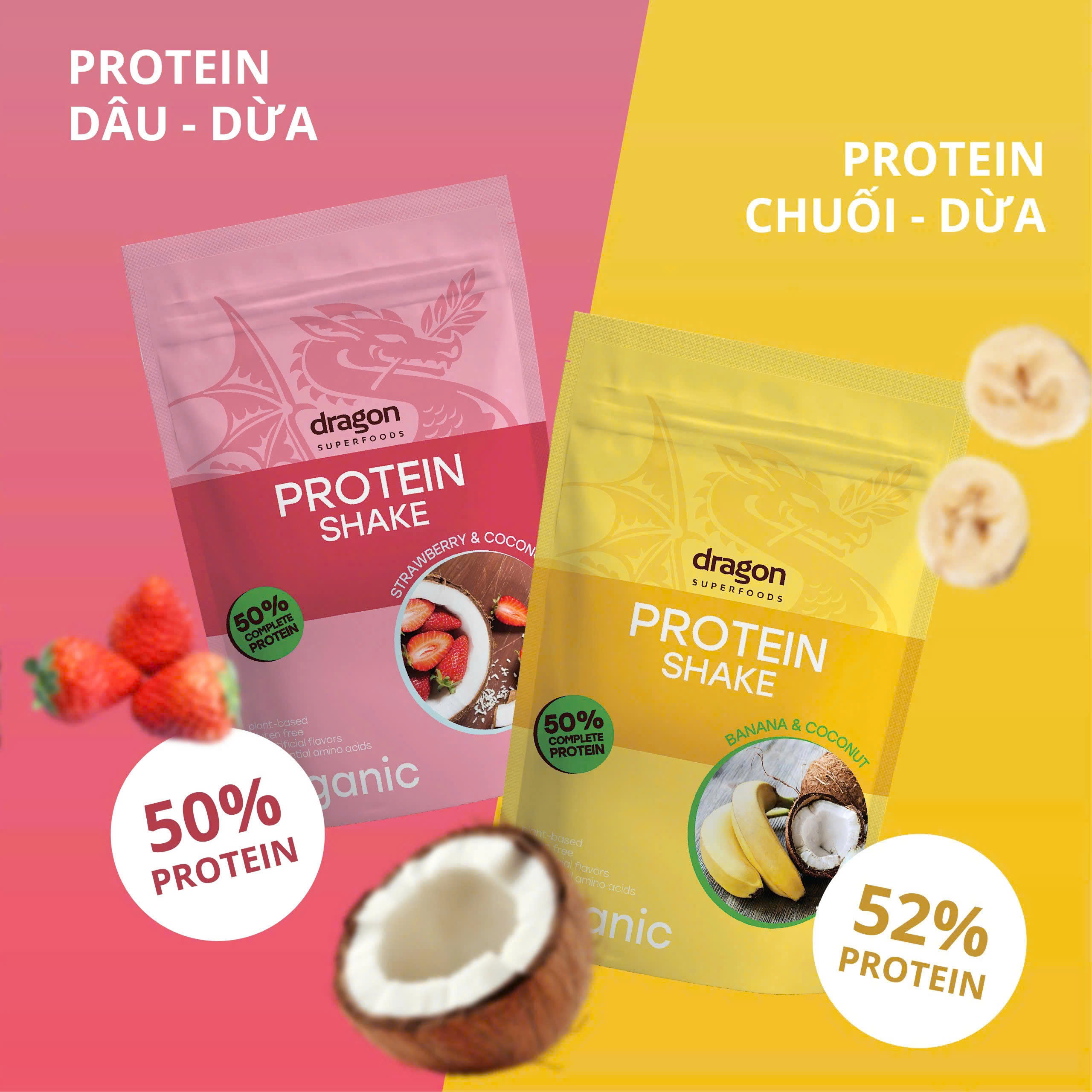 Bột protein thực vật lắc chuối sữa dừa hữu cơ Dragon Superfoods 450g