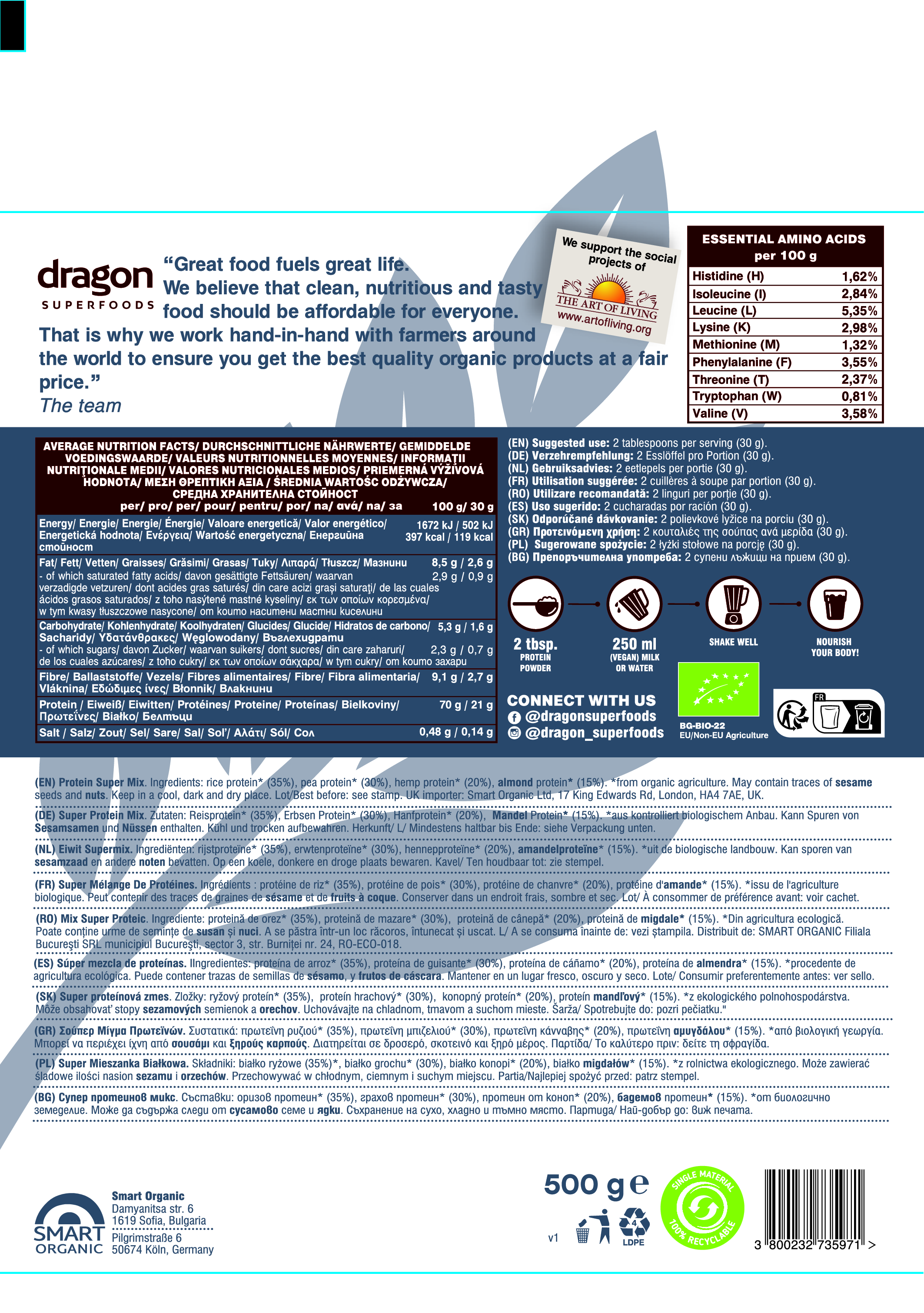 Bột protein hỗn hợp 4 hạt hữu cơ Dragon Superfoods 500g
