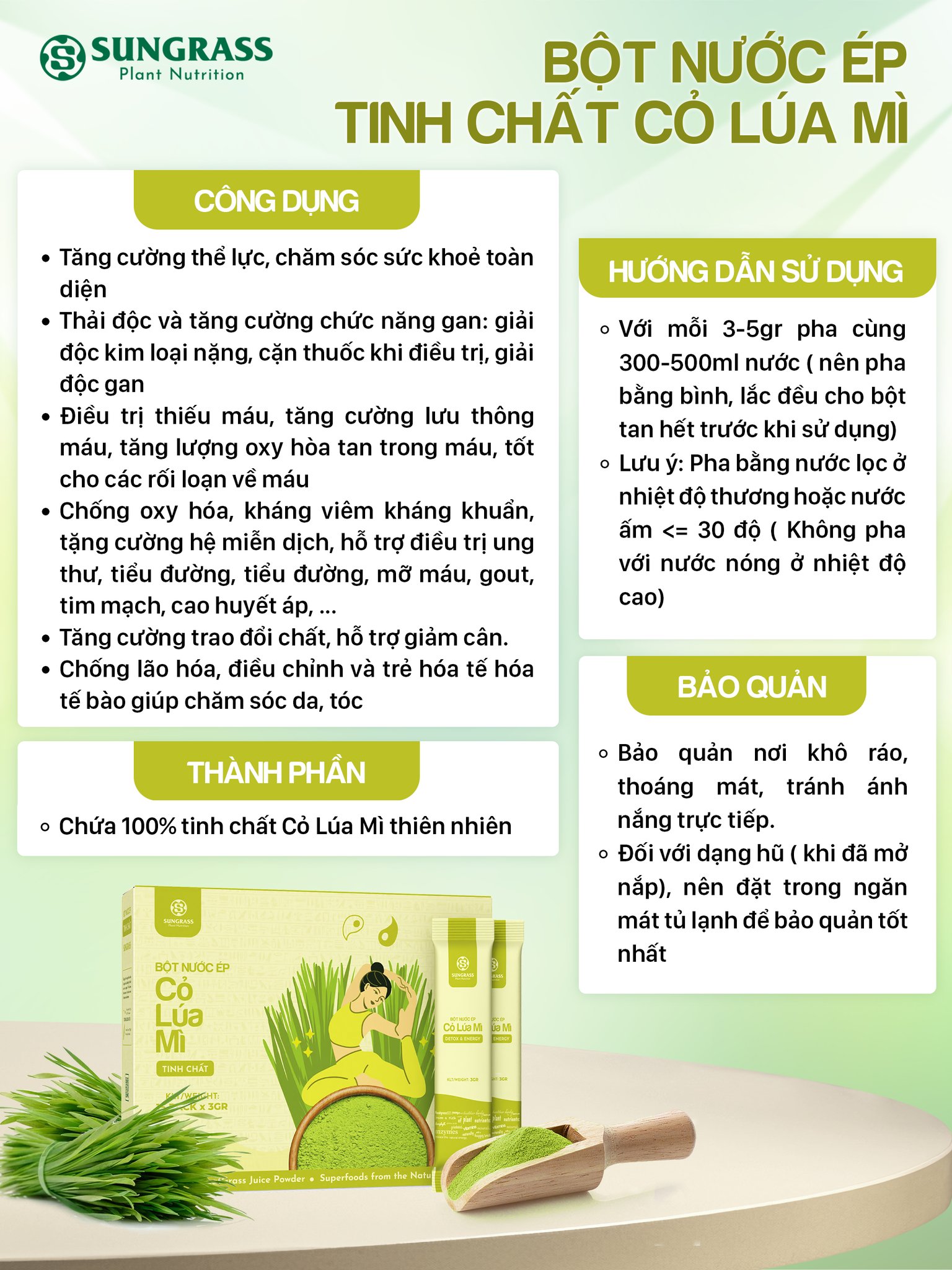 Bột nước ép Cỏ lúa mì Sungrass - Hộp 15 gói