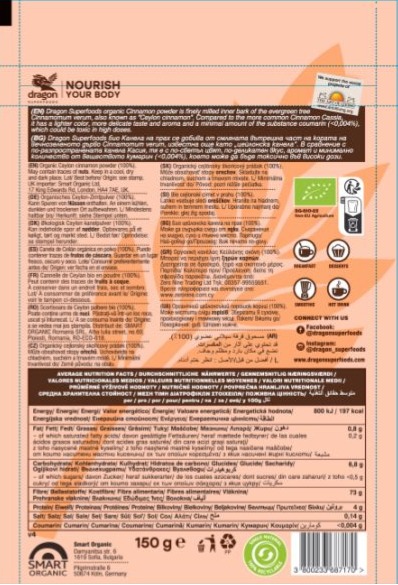 Bột quế ceylon hữu cơ Dragon Superfoods 150g