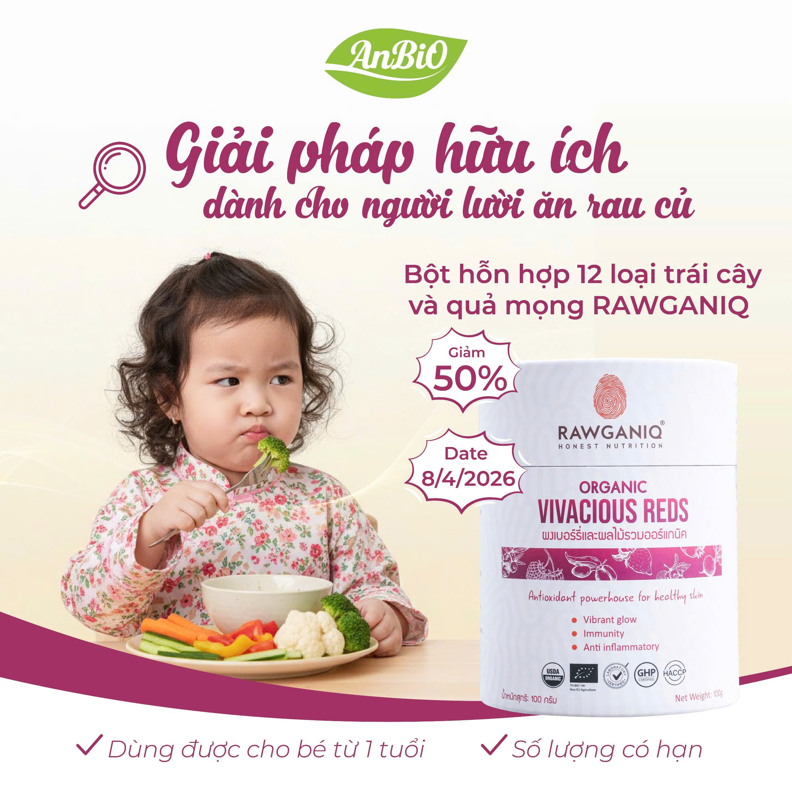Bột quả mọng Organic Vivaciuos Red - Hỗn hợp 12 loại bột trái cây và quả mọng hữu cơ RAWGANIQ 100g