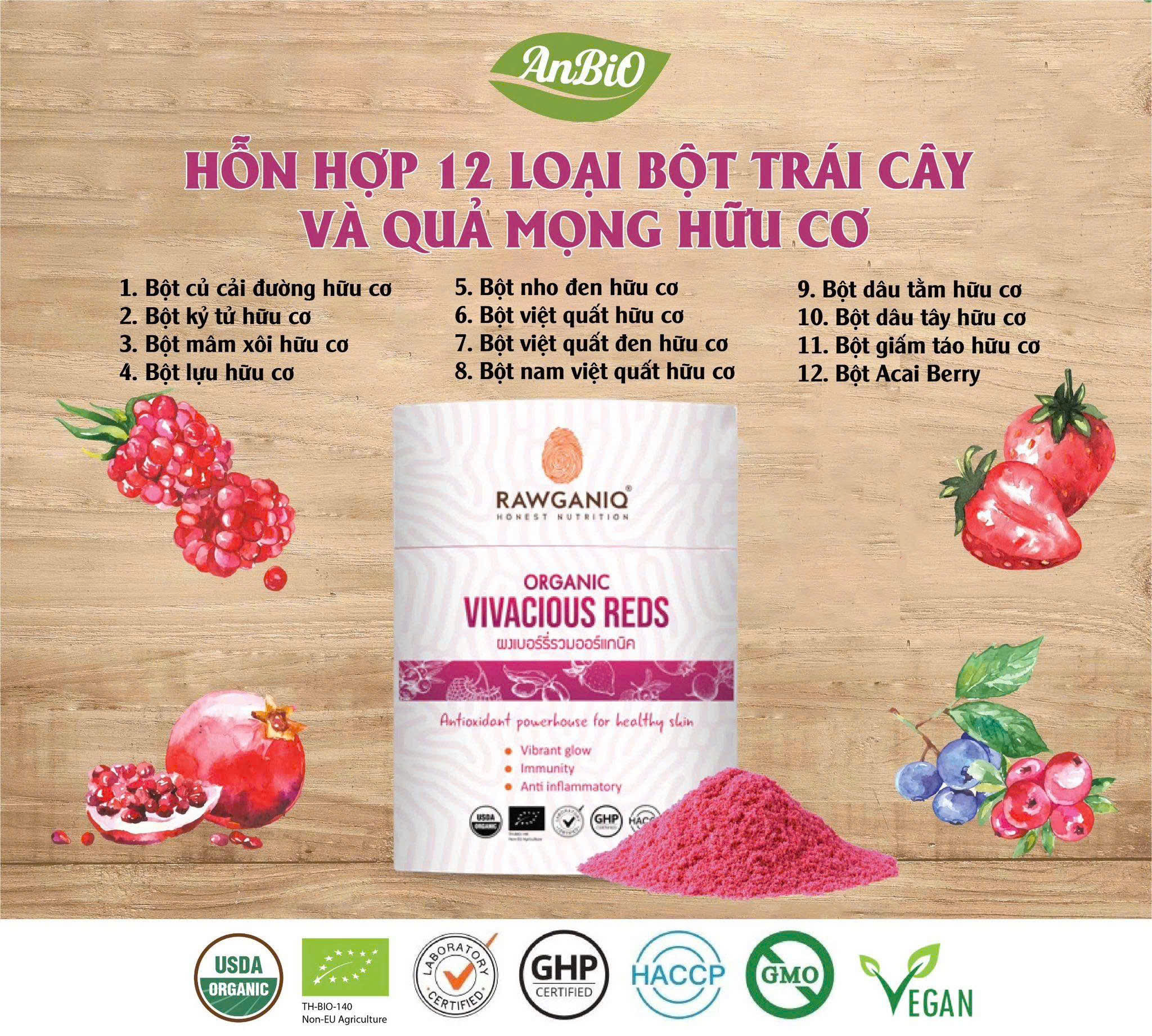 Bột quả mọng Organic Vivaciuos Red - Hỗn hợp 12 loại bột trái cây và quả mọng hữu cơ RAWGANIQ 100g