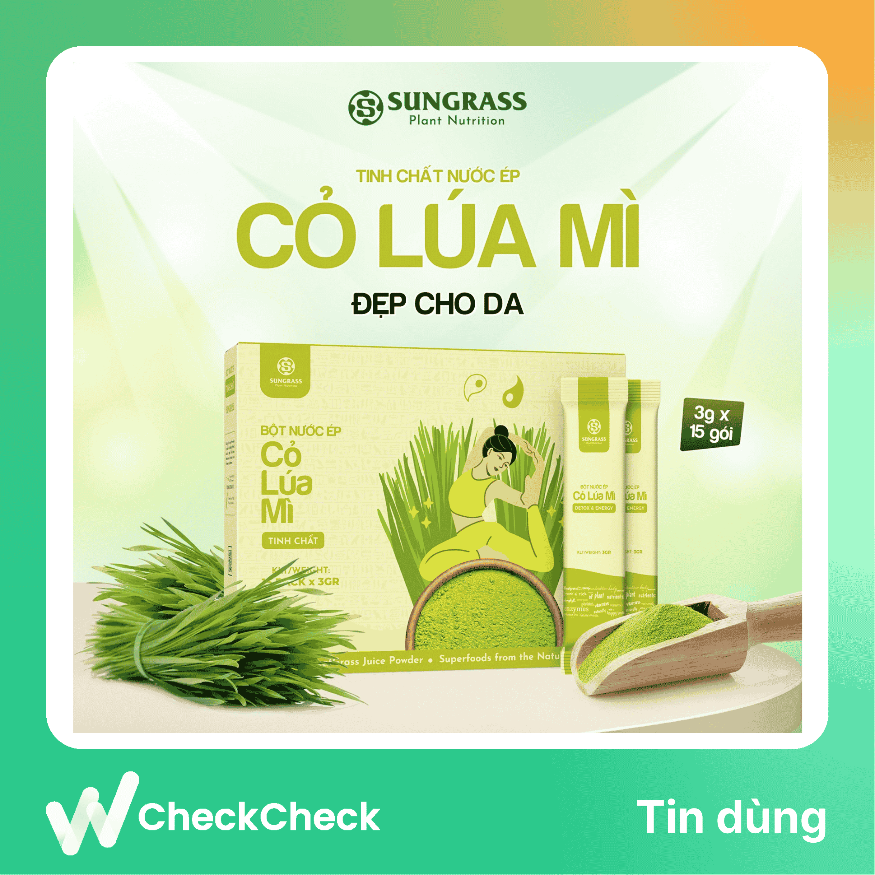 Bột nước ép Cỏ lúa mì Sungrass - Hộp 15 gói