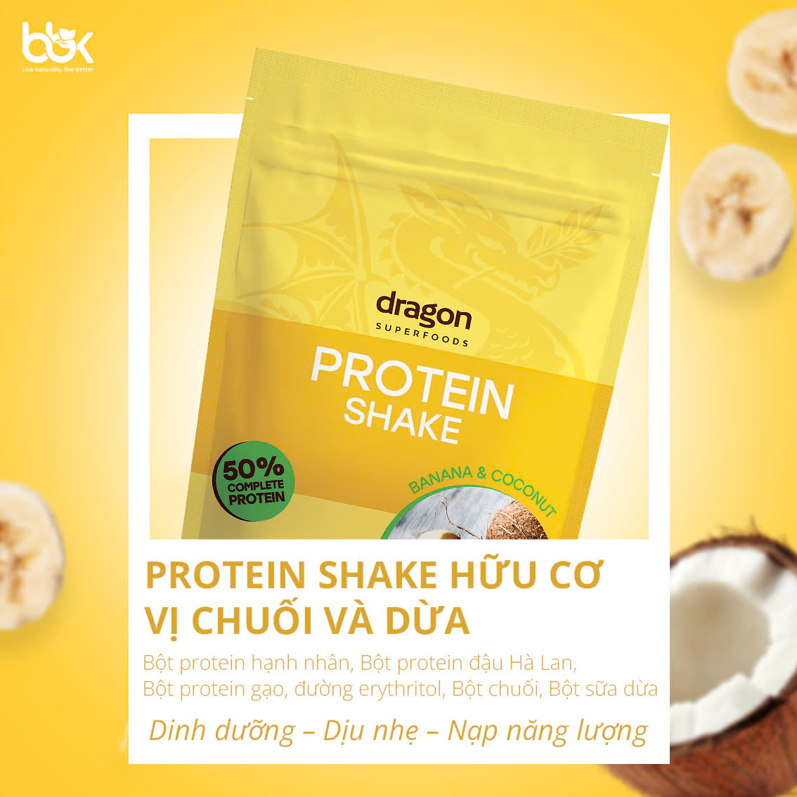 Bột protein thực vật lắc chuối sữa dừa hữu cơ Dragon Superfoods 450g