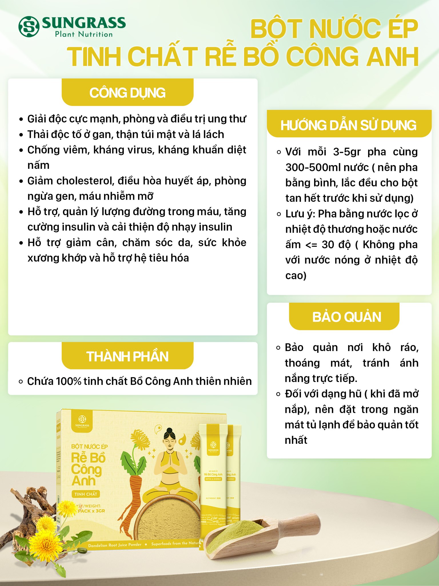 Bột nước ép Rễ Bồ công anh Sungrass - Hộp 15 gói