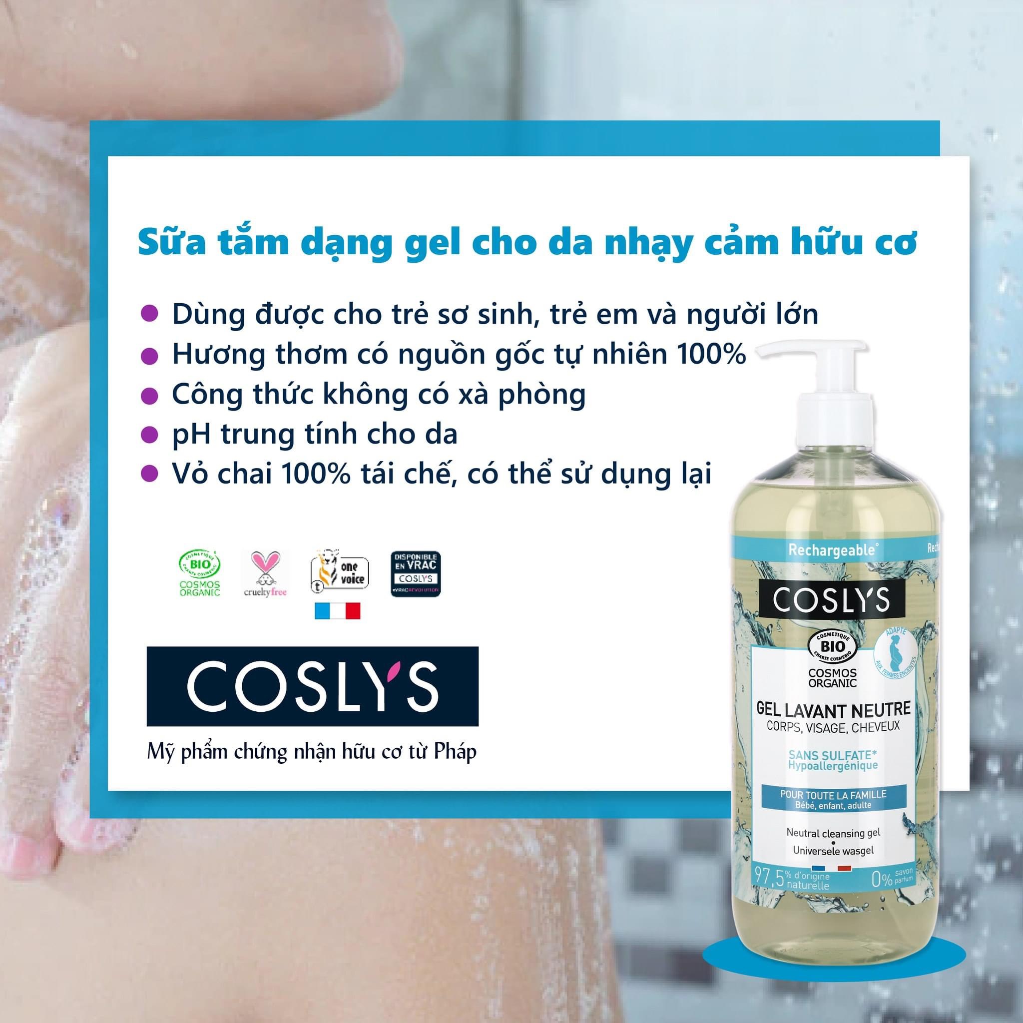 Sữa tắm dạng gel cho da nhạy cảm hữu cơ Coslys (1L)