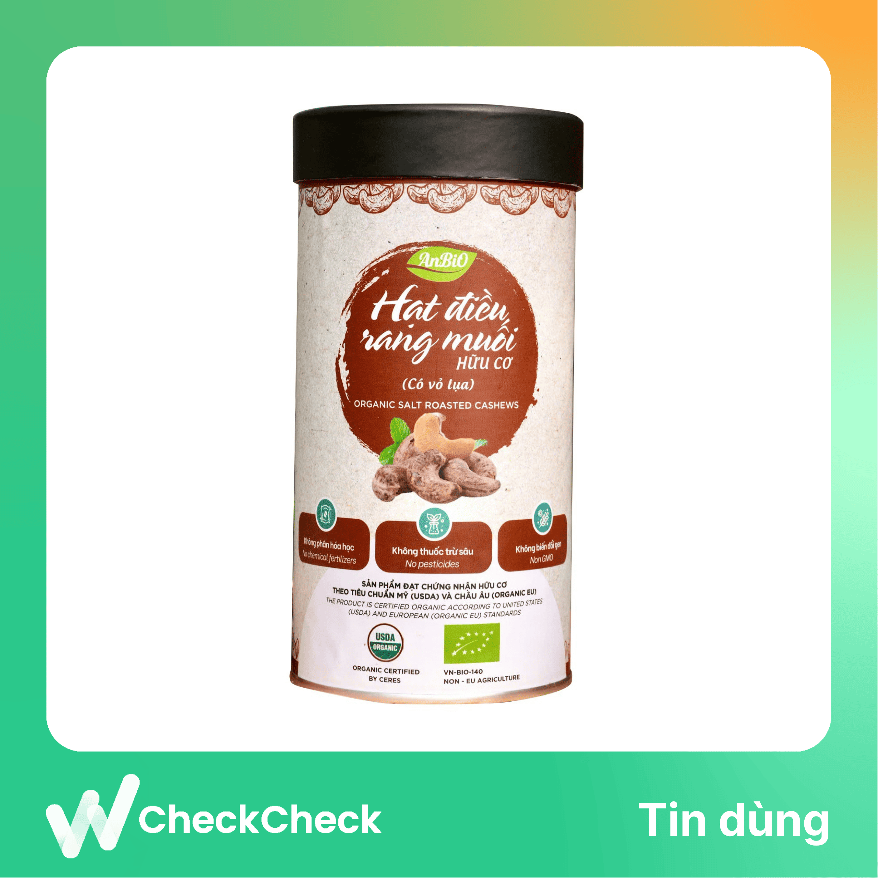 Hạt điều rang muối hữu cơ vỏ lụa hộp tròn 200gr